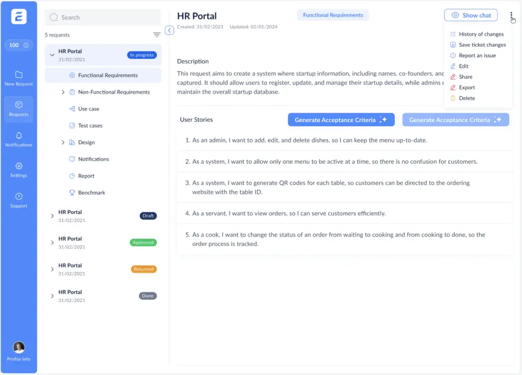 Ellogy User Stories View