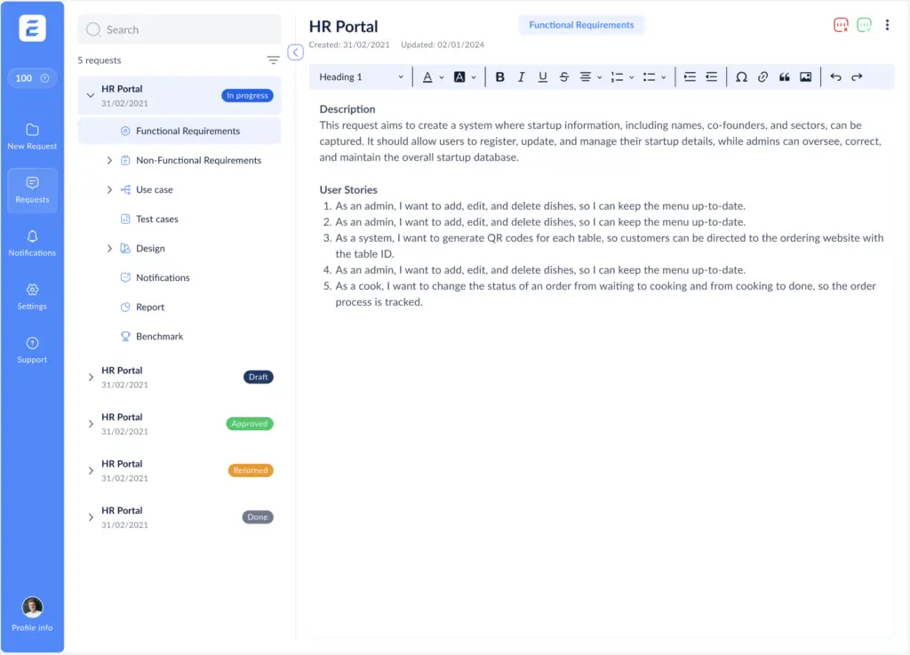 User stories Edit View
